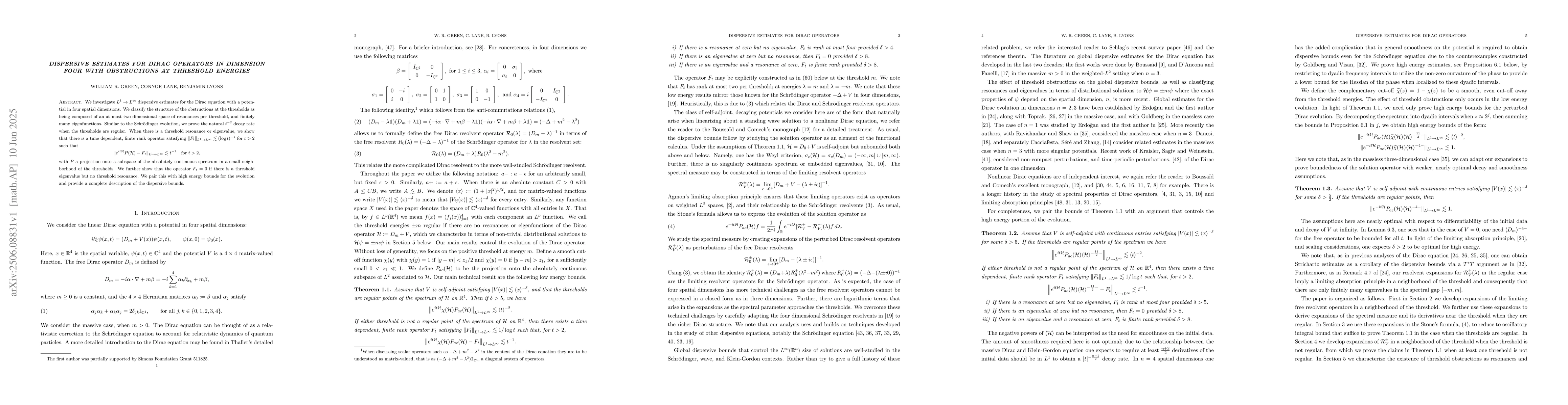 Thumbnail for Dispersive estimates for Dirac Operators in dimension four with
  obstructions at threshold energies
