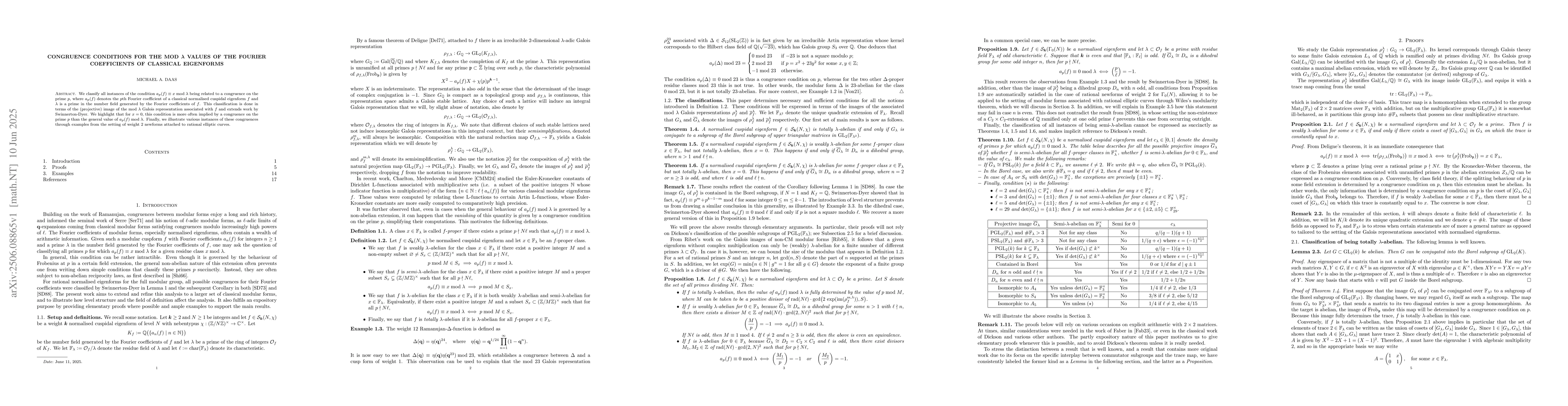 Thumbnail for Congruence conditions for the mod $λ$ values of the Fourier
  coefficients of classical eigenforms