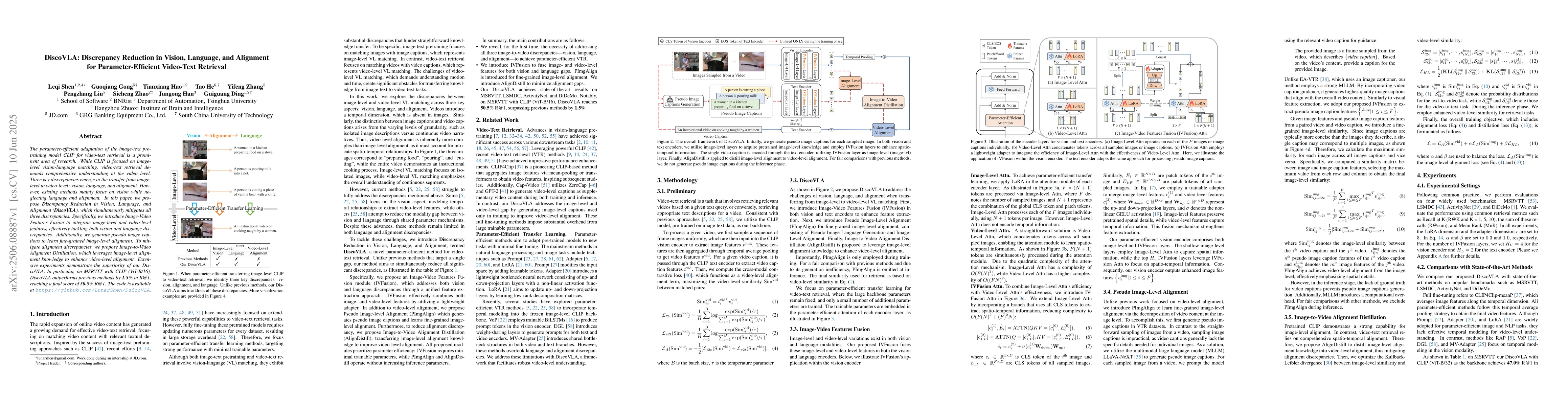 Thumbnail for DiscoVLA: Discrepancy Reduction in Vision, Language, and Alignment for
  Parameter-Efficient Video-Text Retrieval