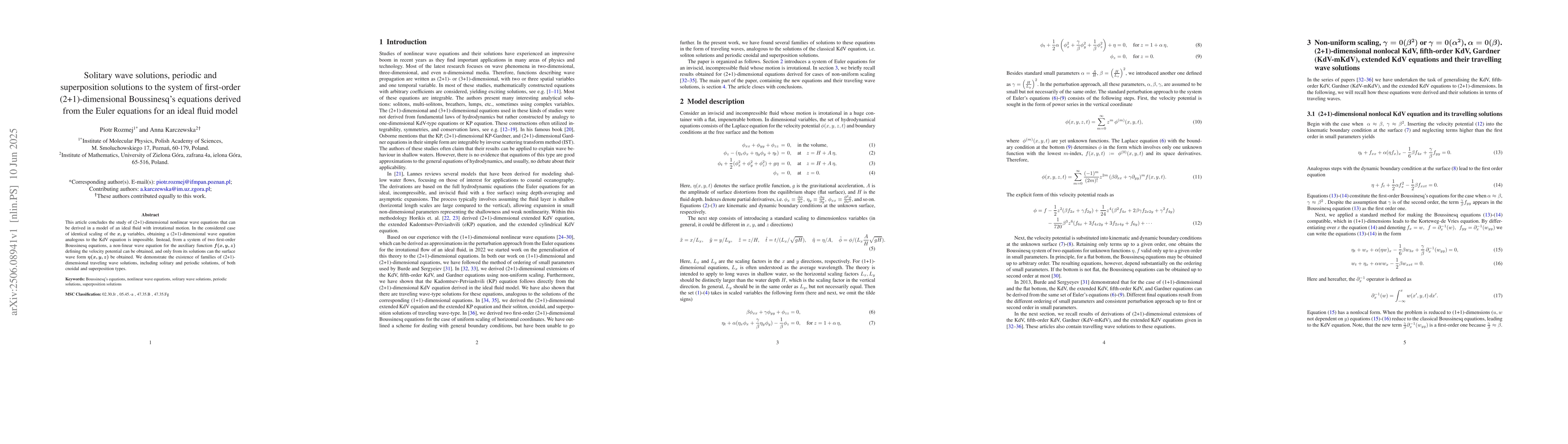 Thumbnail for Solitary wave solutions, periodic and superposition solutions to the
  system of first-order (2+1)-dimensional Boussinesq's equations derived from
  the Euler equations for an ideal fluid model