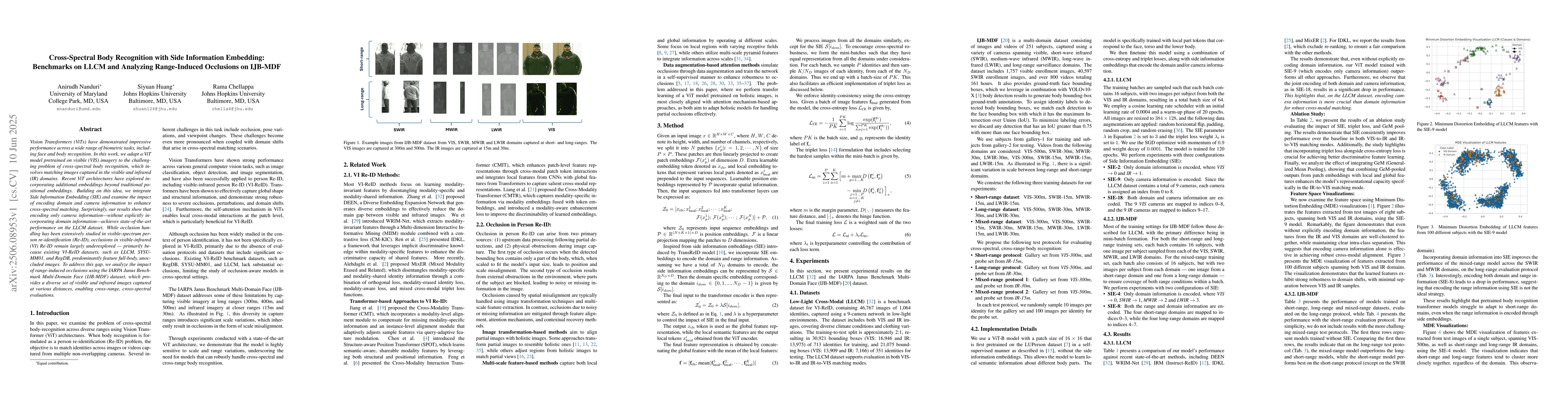 Thumbnail for Cross-Spectral Body Recognition with Side Information Embedding:
  Benchmarks on LLCM and Analyzing Range-Induced Occlusions on IJB-MDF