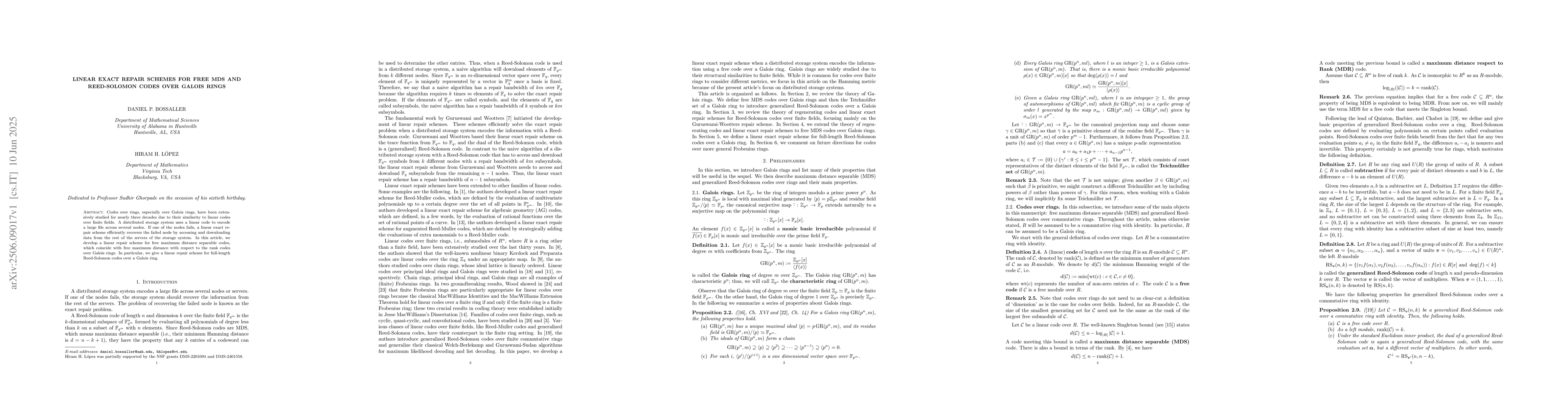 Thumbnail for Linear exact repair schemes for free MDS and Reed-Solomon codes over
  Galois rings