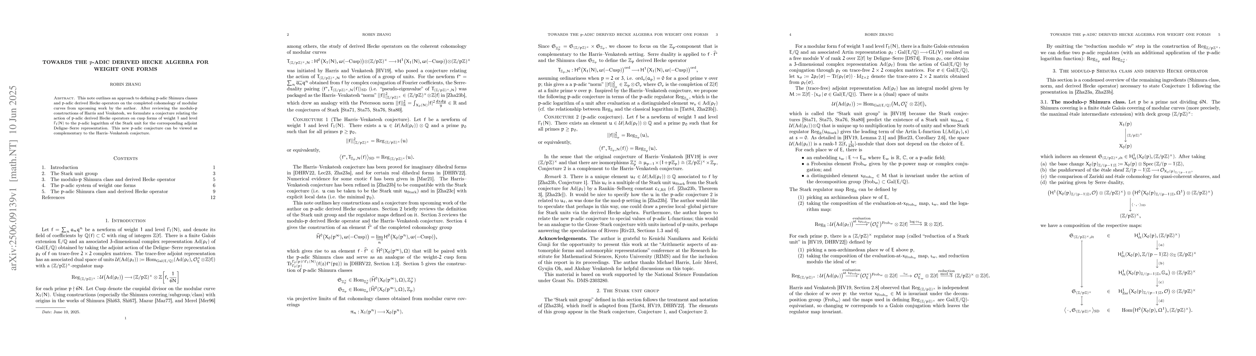 Thumbnail for Towards the $p$-adic derived Hecke algebra for weight one forms