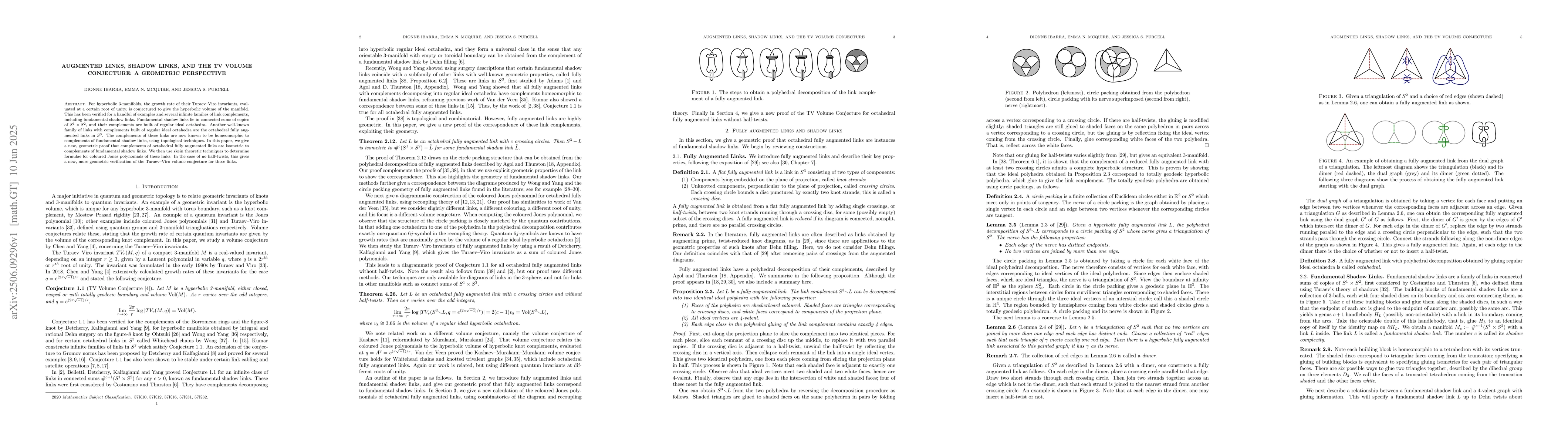 Thumbnail for Augmented links, shadow links, and the TV volume conjecture: a geometric
  perspective