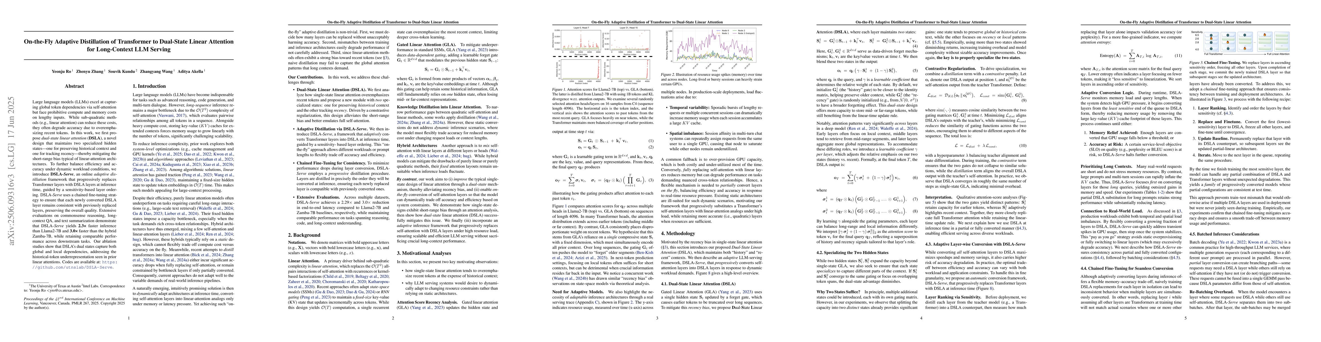 Thumbnail for On-the-Fly Adaptive Distillation of Transformer to Dual-State Linear
  Attention