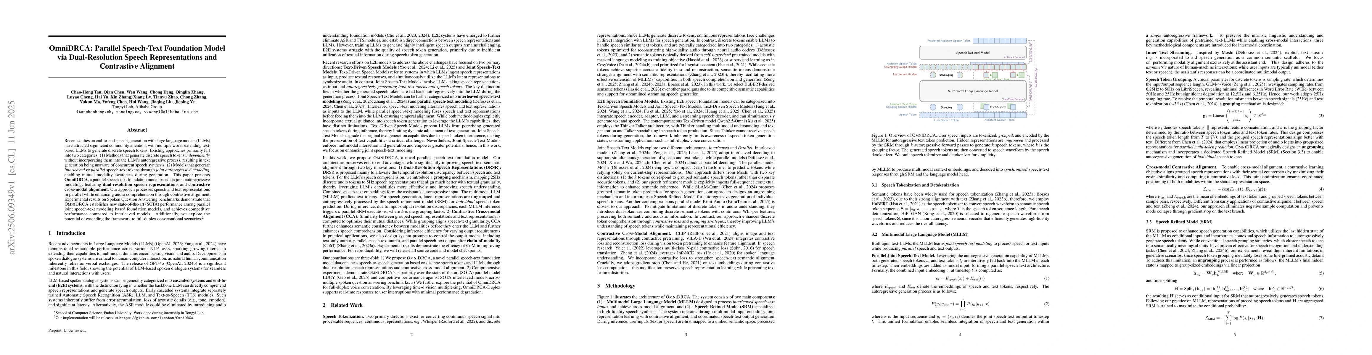 Thumbnail for OmniDRCA: Parallel Speech-Text Foundation Model via Dual-Resolution
  Speech Representations and Contrastive Alignment