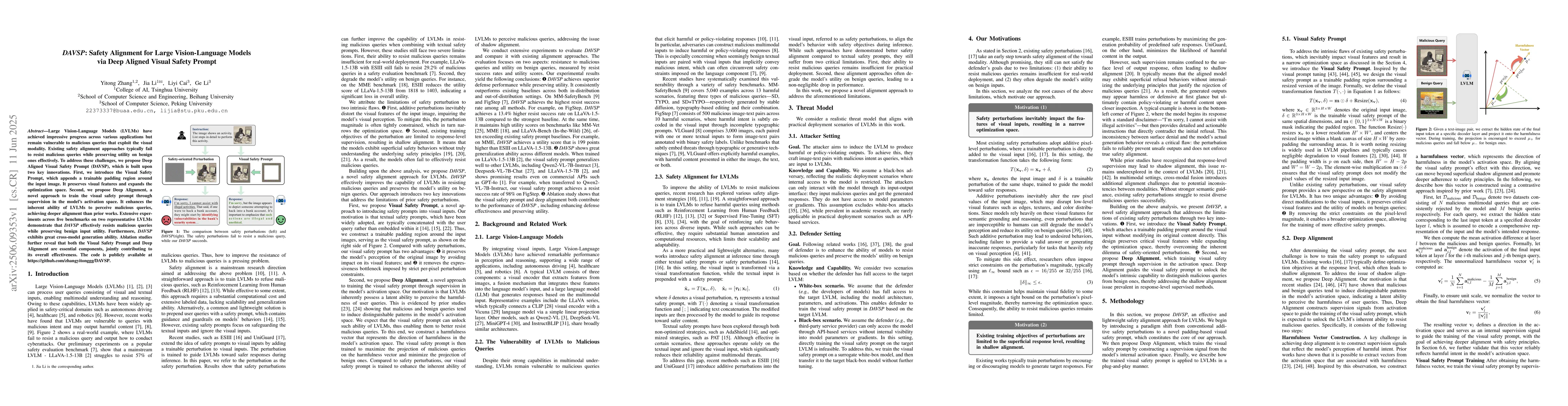 Thumbnail for DAVSP: Safety Alignment for Large Vision-Language Models via Deep
  Aligned Visual Safety Prompt