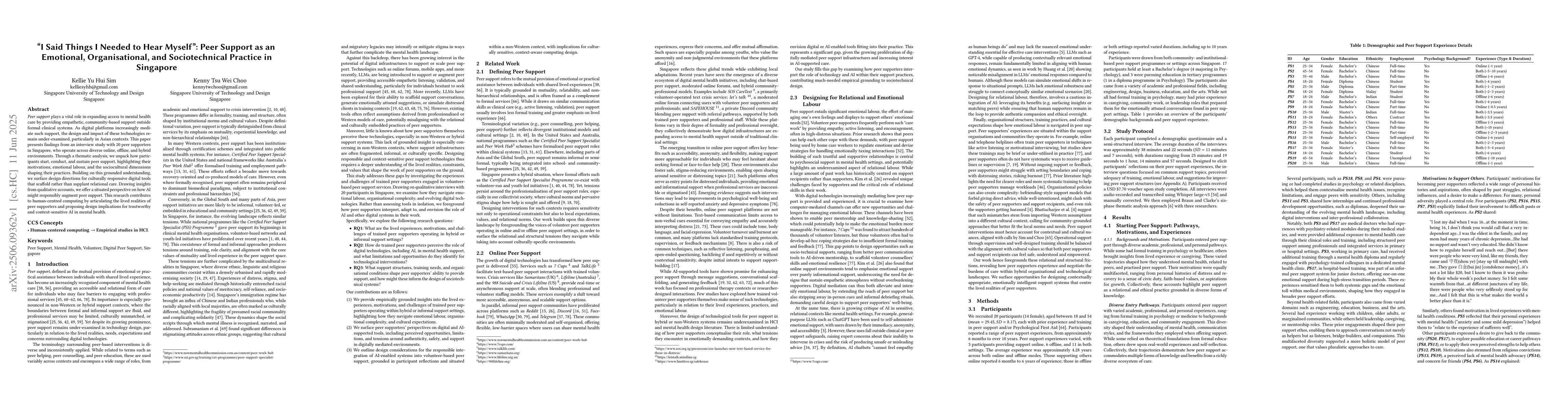 Thumbnail for "I Said Things I Needed to Hear Myself": Peer Support as an Emotional,
  Organisational, and Sociotechnical Practice in Singapore
