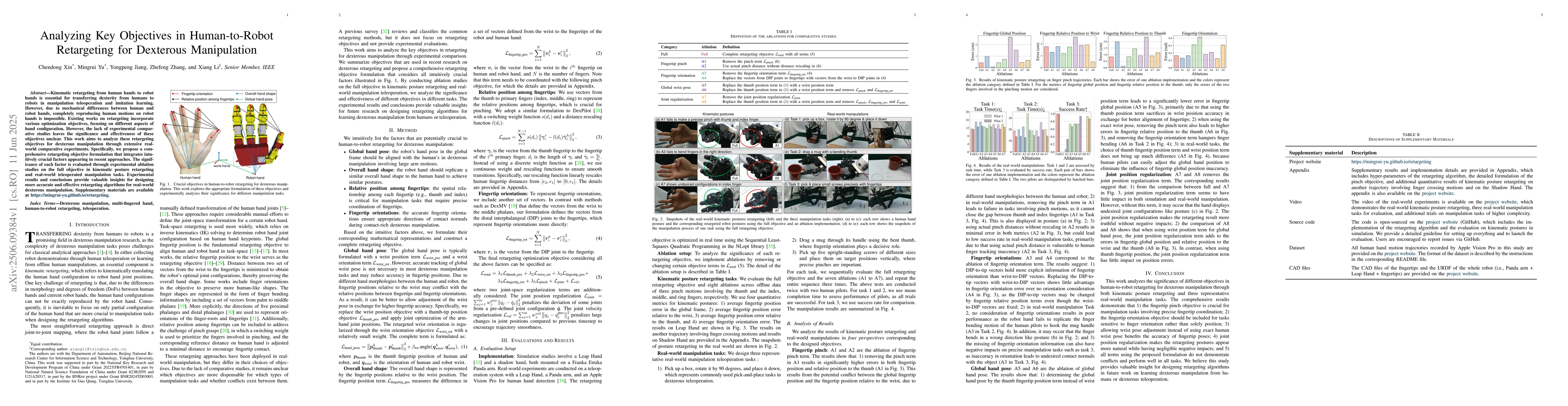 Thumbnail for Analyzing Key Objectives in Human-to-Robot Retargeting for Dexterous
  Manipulation