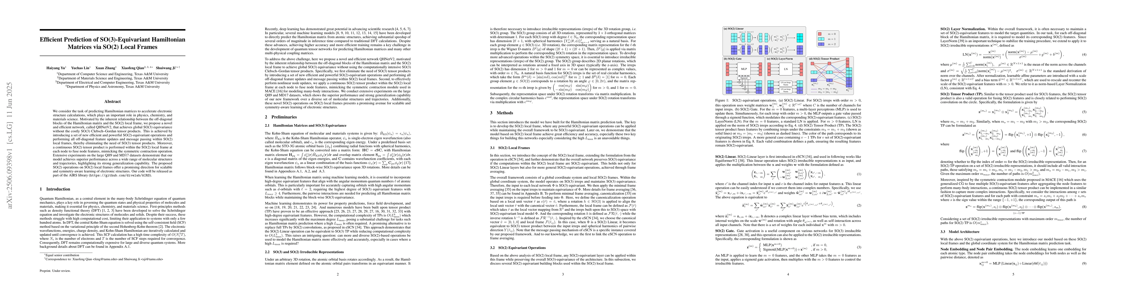 Thumbnail for Efficient Prediction of SO(3)-Equivariant Hamiltonian Matrices via SO(2)
  Local Frames