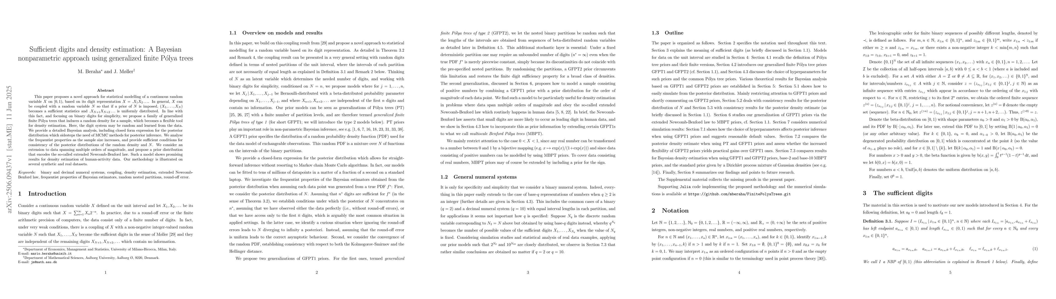 Thumbnail for Sufficient digits and density estimation: A Bayesian nonparametric
  approach using generalized finite Pólya trees