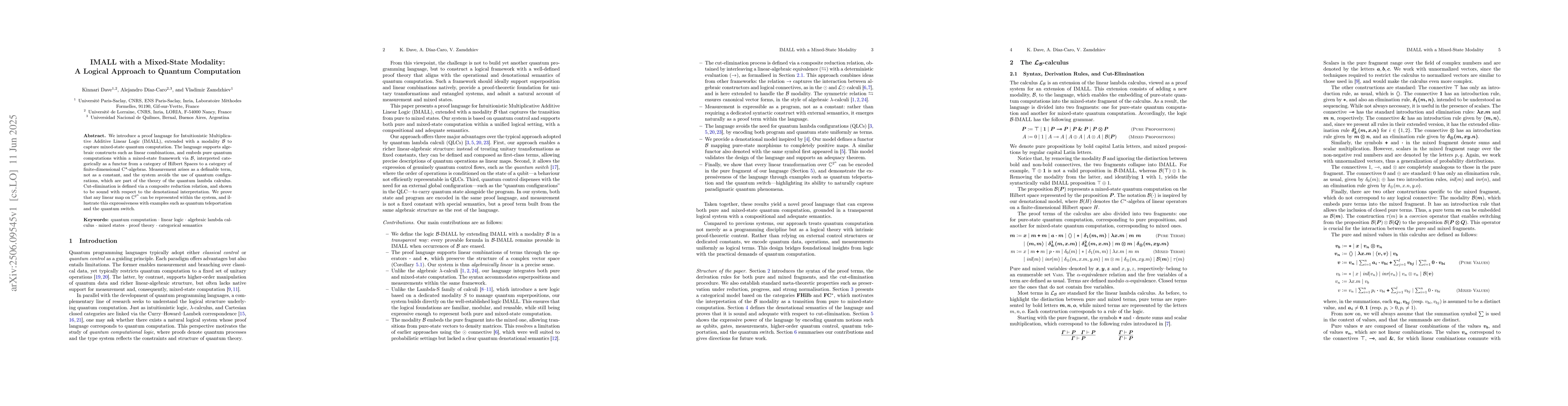 Thumbnail for IMALL with a Mixed-State Modality: A Logical Approach to Quantum
  Computation