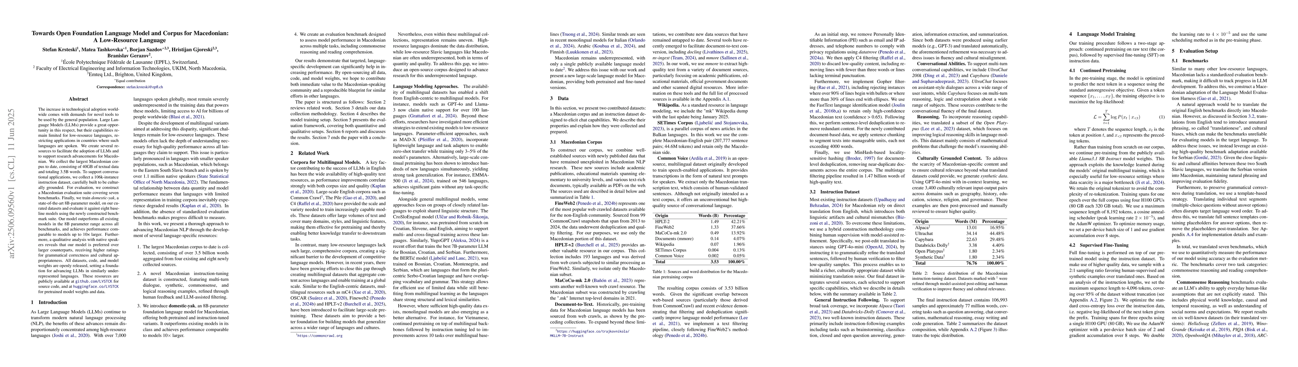 Thumbnail for Towards Open Foundation Language Model and Corpus for Macedonian: A
  Low-Resource Language