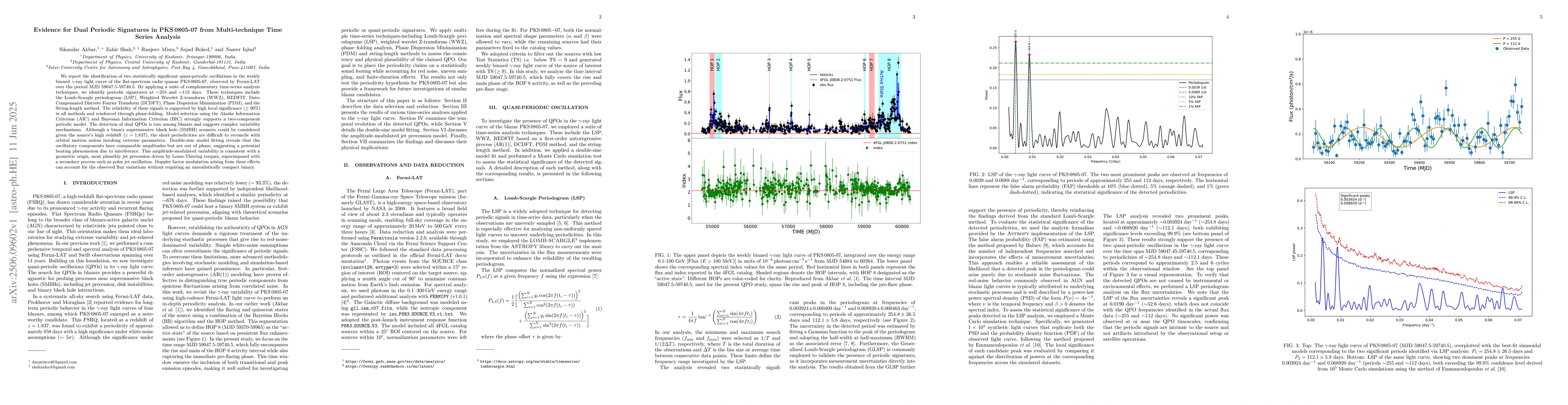 Thumbnail for Evidence for Dual Periodic Signatures in PKS 0805-07 from
  Multi-technique Time Series Analysis