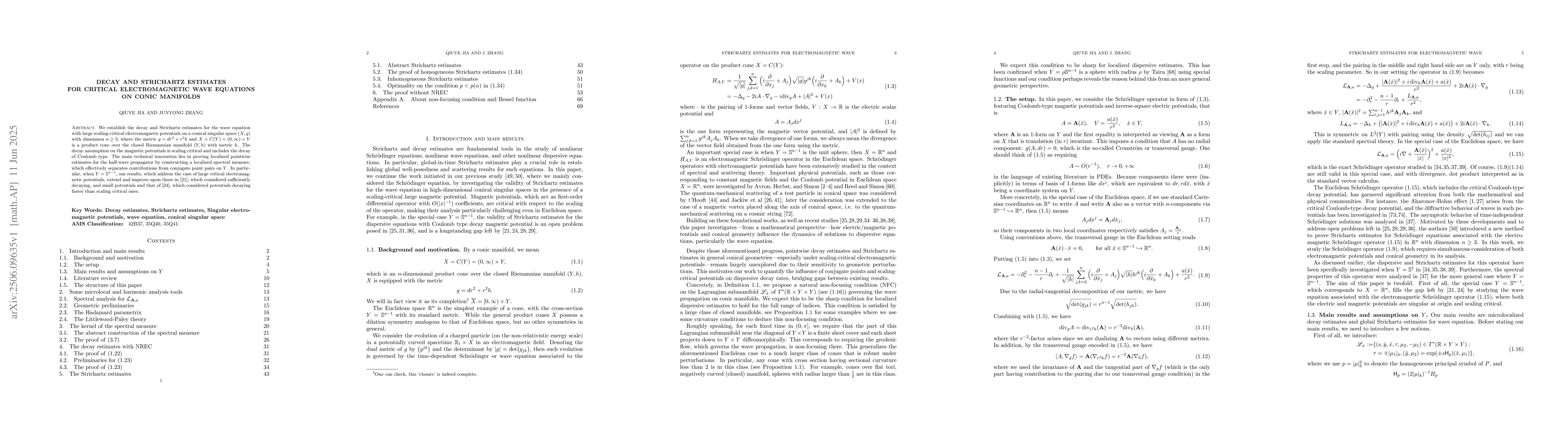 Thumbnail for Decay and Strichartz estimates for critical electromagnetic wave
  equations on conic manifolds