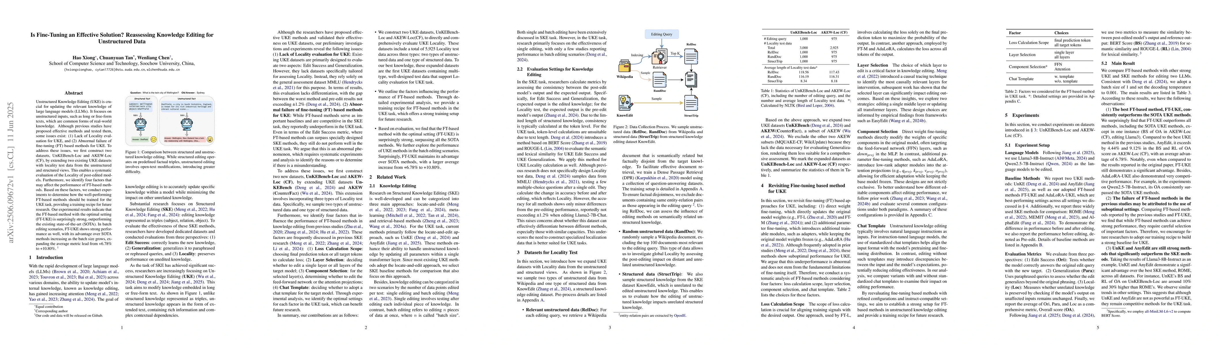 Thumbnail for Is Fine-Tuning an Effective Solution? Reassessing Knowledge Editing for
  Unstructured Data