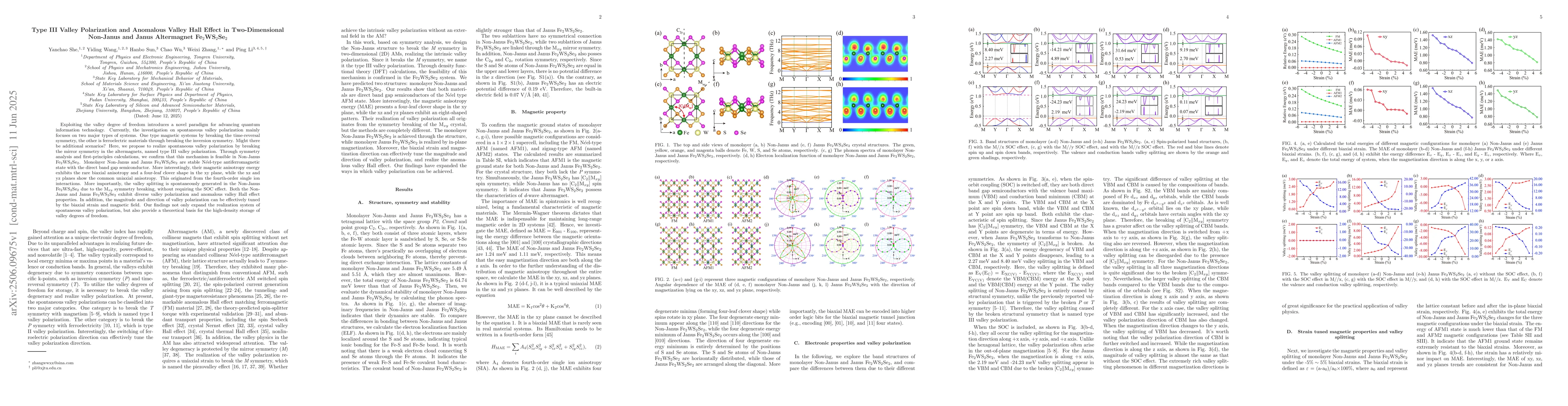 Thumbnail for Type III Valley Polarization and Anomalous Valley Hall Effect in
  Two-Dimensional Non-Janus and Janus Altermagnet Fe2WS2Se2