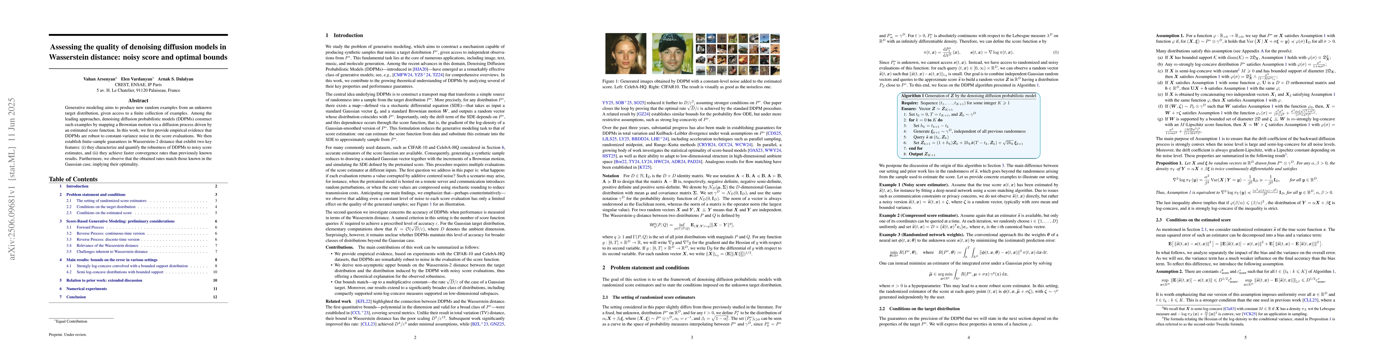 Thumbnail for Assessing the Quality of Denoising Diffusion Models in Wasserstein
  Distance: Noisy Score and Optimal Bounds