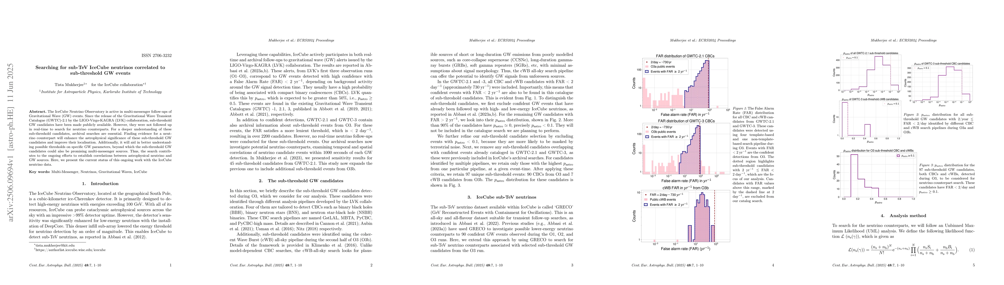 Thumbnail for Searching for sub-TeV IceCube neutrinos correlated to sub-threshold GW
  events
