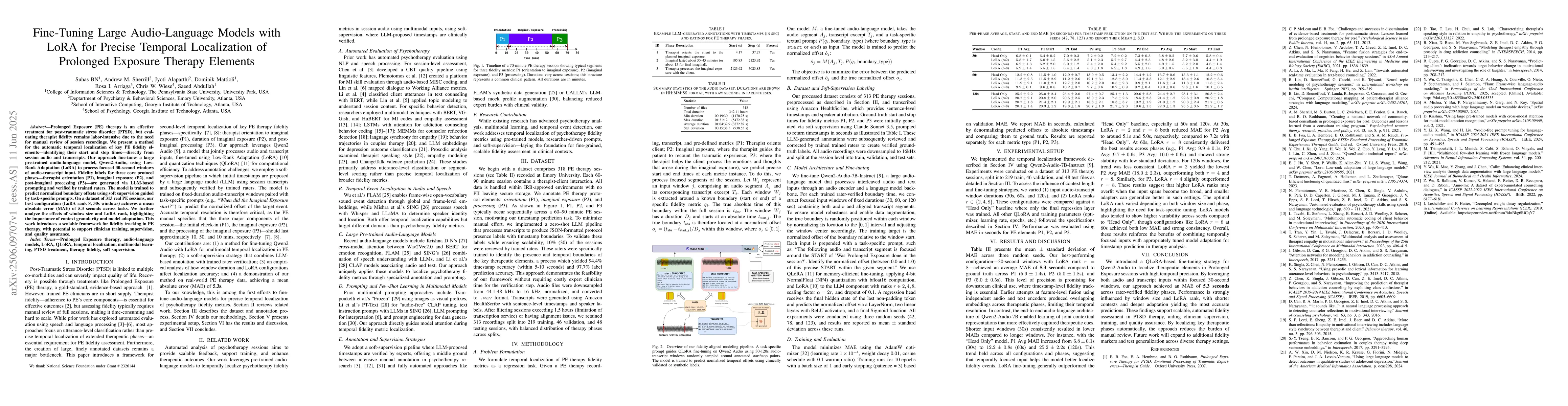 Thumbnail for Fine-Tuning Large Audio-Language Models with LoRA for Precise Temporal
  Localization of Prolonged Exposure Therapy Elements