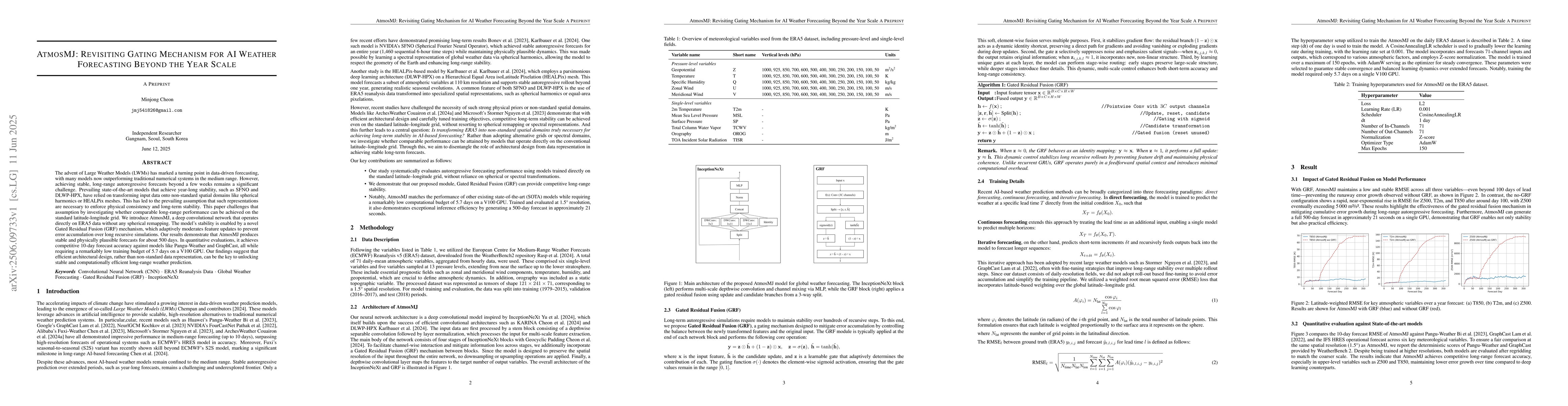 Thumbnail for AtmosMJ: Revisiting Gating Mechanism for AI Weather Forecasting Beyond
  the Year Scale