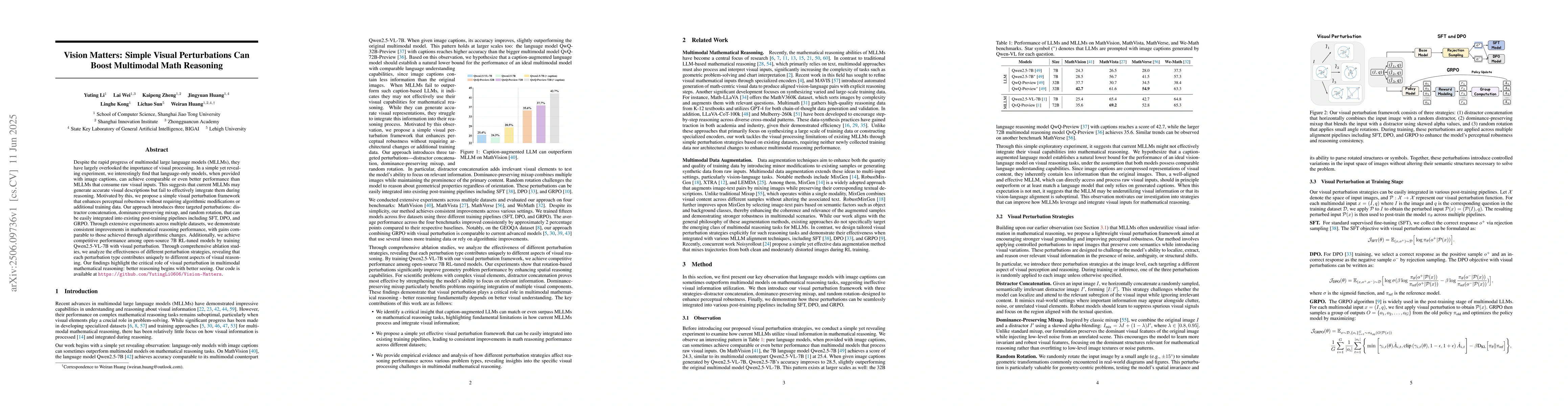 Thumbnail for Vision Matters: Simple Visual Perturbations Can Boost Multimodal Math
  Reasoning