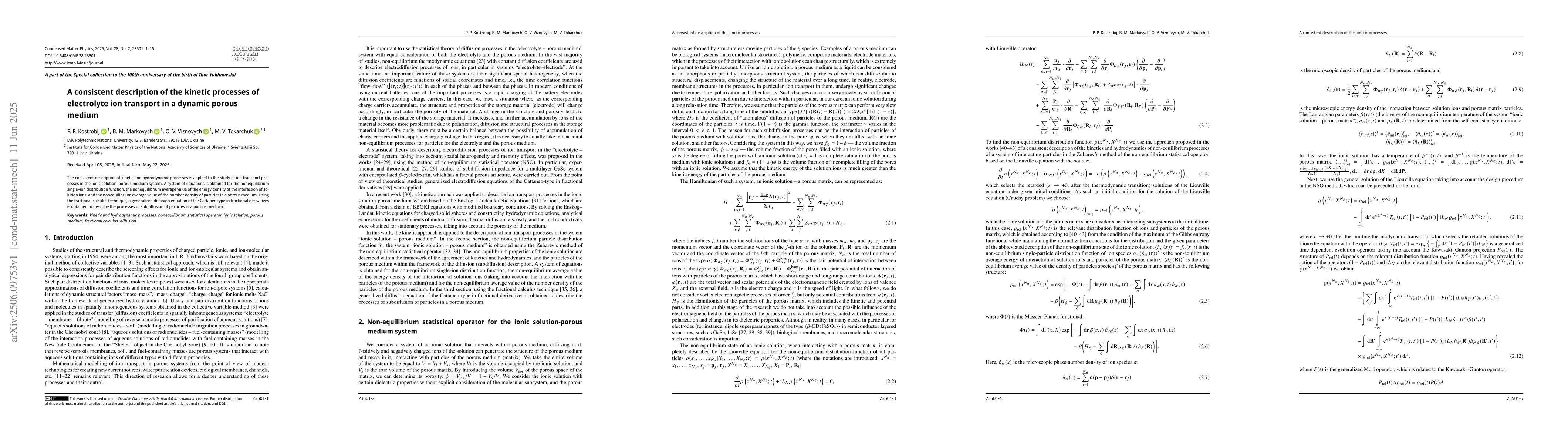 Thumbnail for A consistent description of the kinetic processes of electrolyte ion
  transport in a dynamic porous medium
