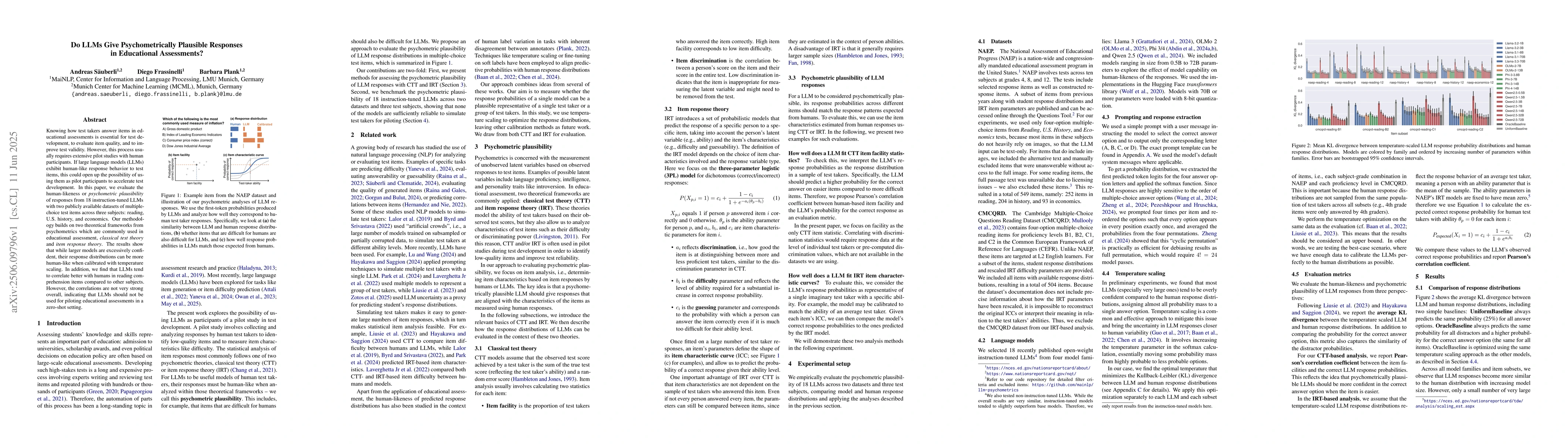 Thumbnail for Do LLMs Give Psychometrically Plausible Responses in Educational
  Assessments?