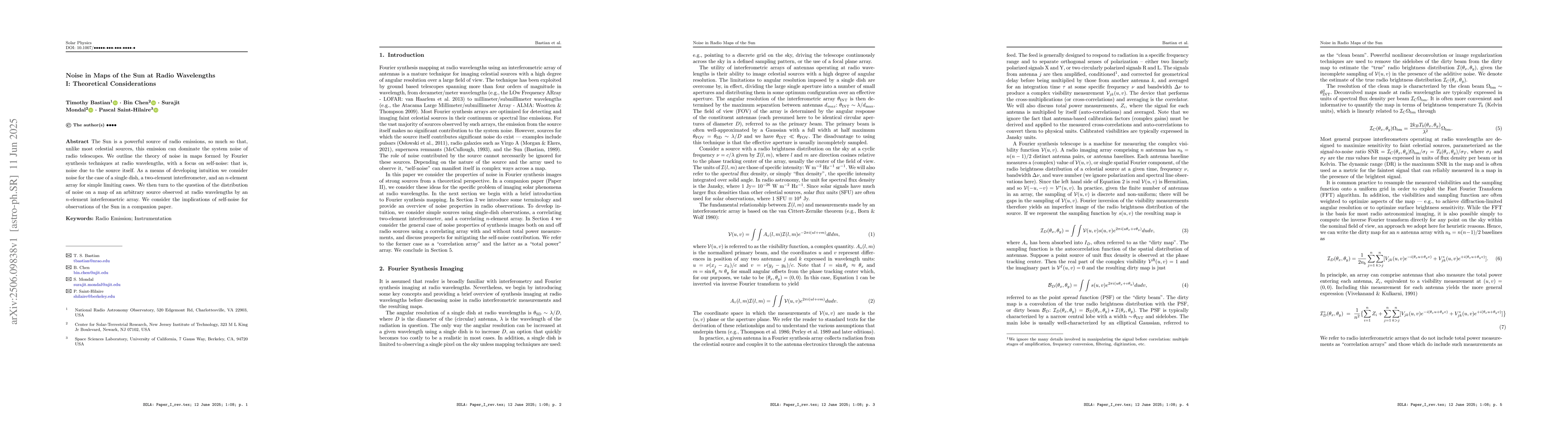 Thumbnail for Noise in Maps of the Sun at Radio Wavelengths I: Theoretical
  Considerations