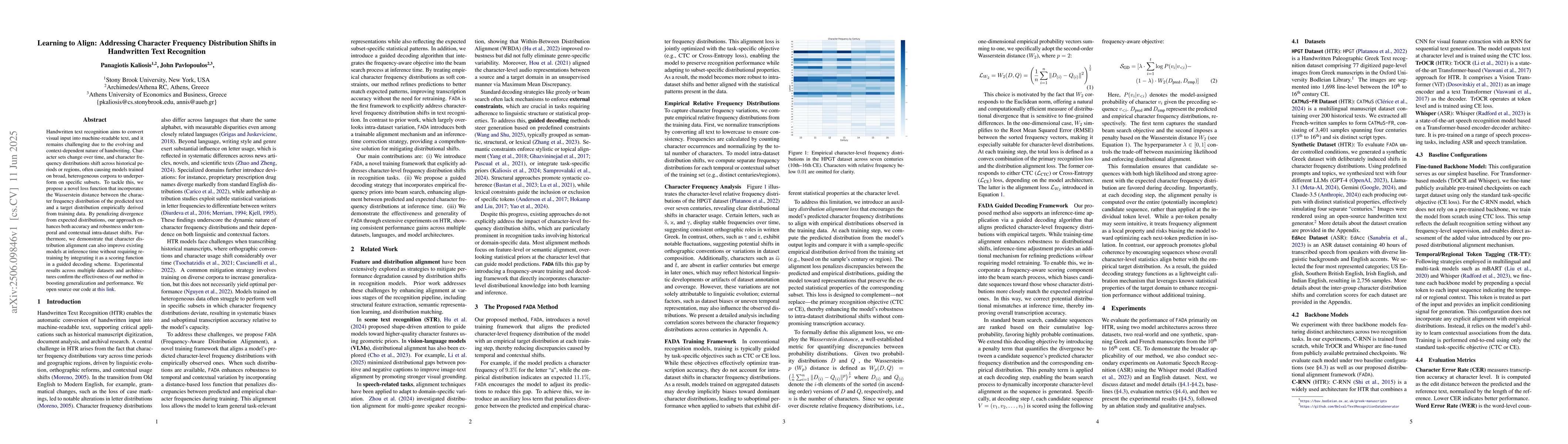 Thumbnail for Learning to Align: Addressing Character Frequency Distribution Shifts in
  Handwritten Text Recognition