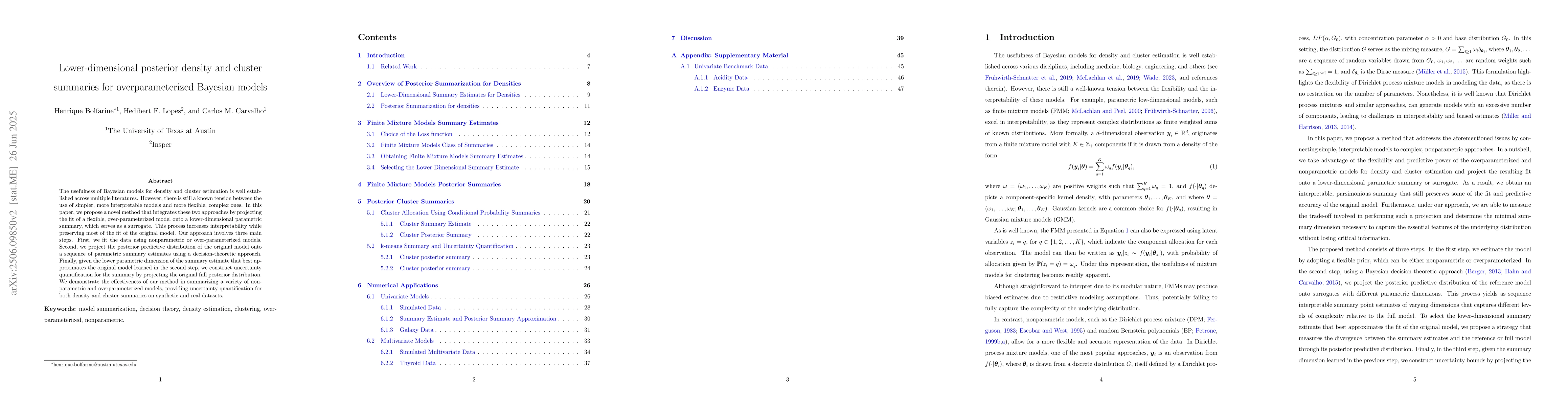 Thumbnail for Lower-dimensional posterior density and cluster summaries for
  overparameterized Bayesian models