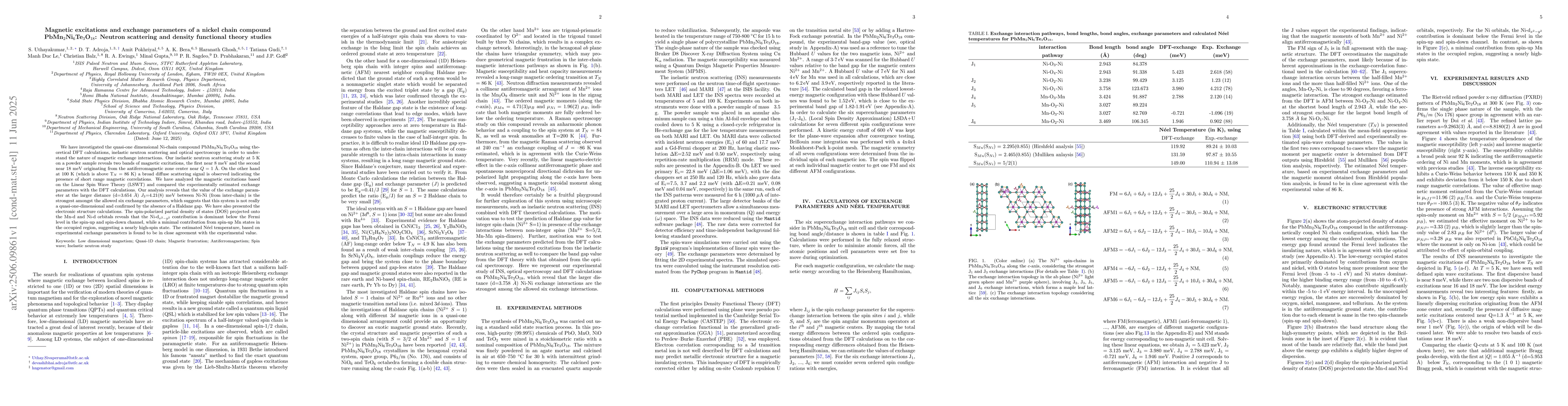 Thumbnail for Magnetic excitations and exchange parameters of a nickel chain compound
  PbMn$_2$Ni$_6$Te$_3$O$_{18}$: Neutron scattering and density functional
  theory studies