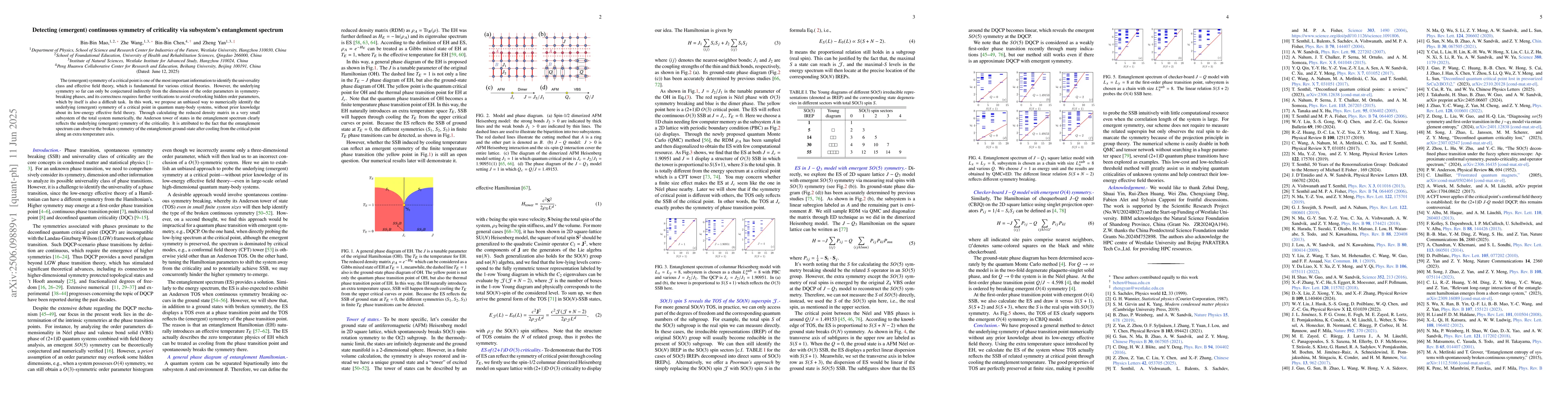 Thumbnail for Detecting (emergent) continuous symmetry of criticality via subsystem's
  entanglement spectrum