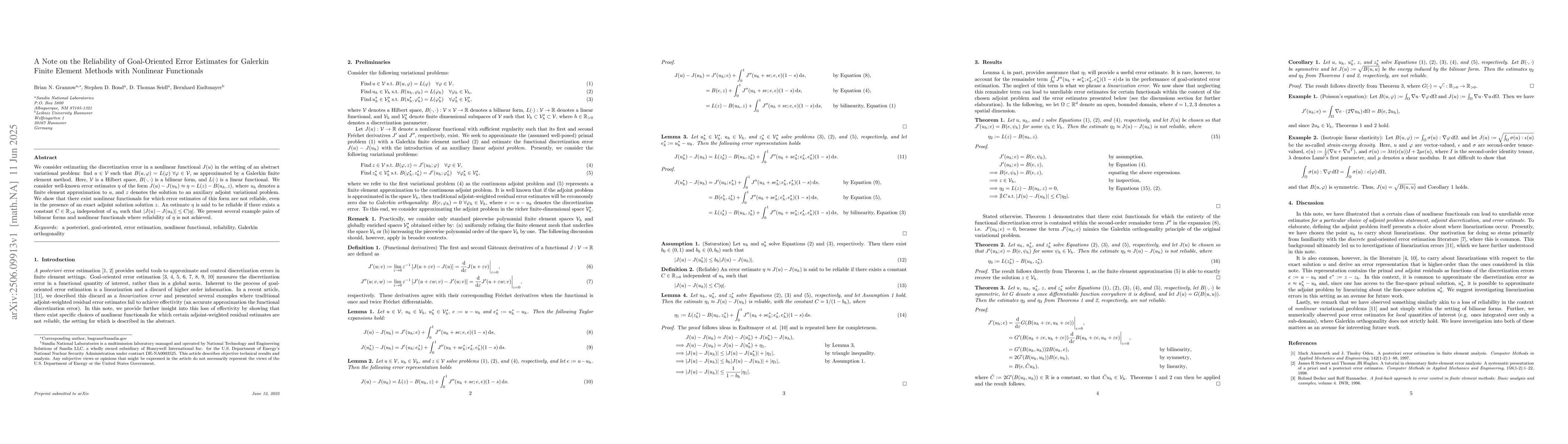Thumbnail for A Note on the Reliability of Goal-Oriented Error Estimates for Galerkin
  Finite Element Methods with Nonlinear Functionals