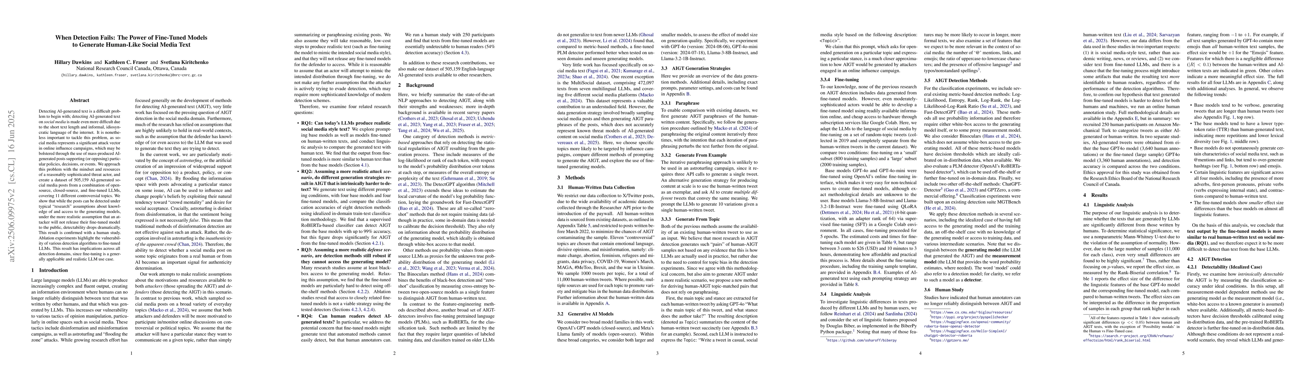 Thumbnail for When Detection Fails: The Power of Fine-Tuned Models to Generate
  Human-Like Social Media Text