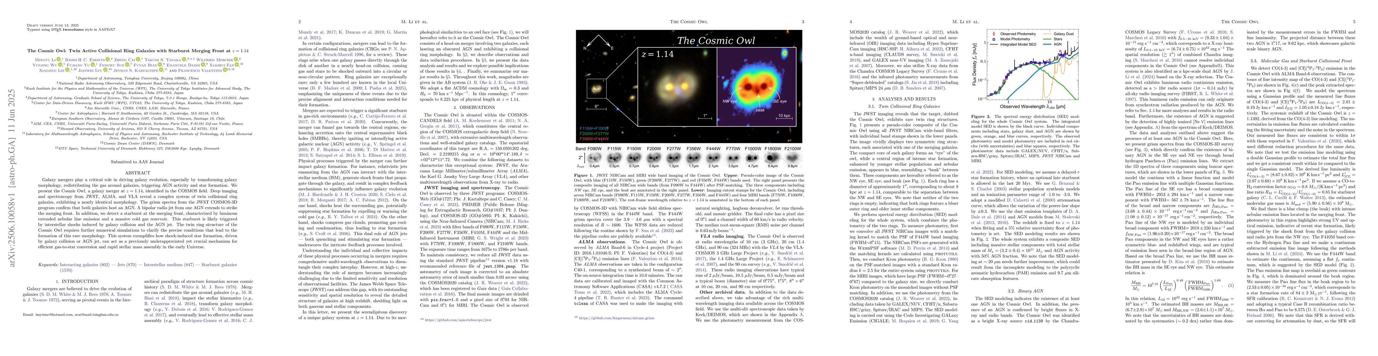 Thumbnail for The Cosmic Owl: Twin Active Collisional Ring Galaxies with Starburst
  Merging Front at $z=1.14$