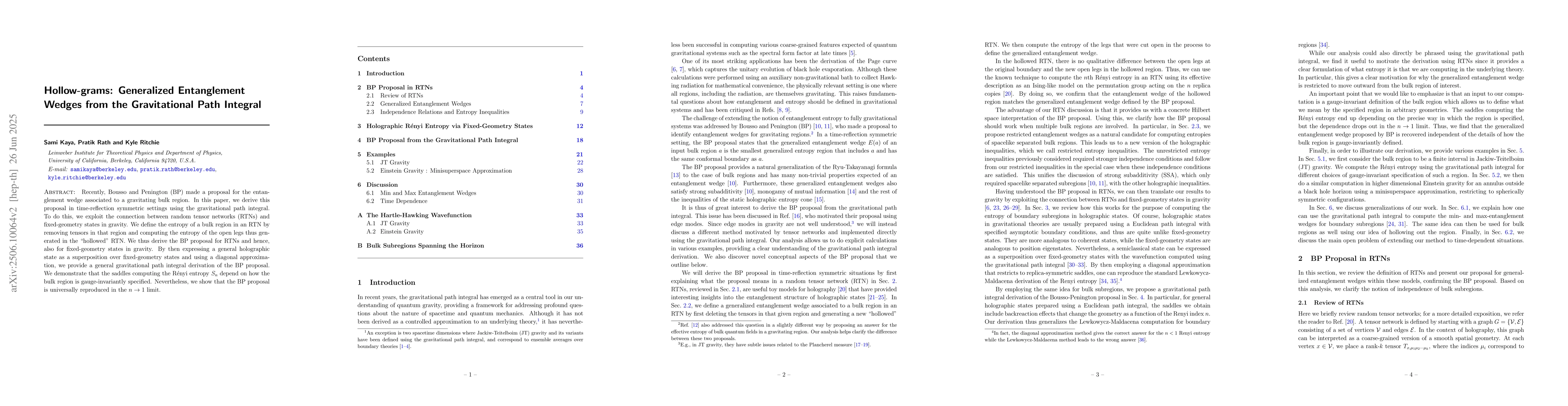 Thumbnail for Hollow-grams: Generalized Entanglement Wedges from the Gravitational
  Path Integral