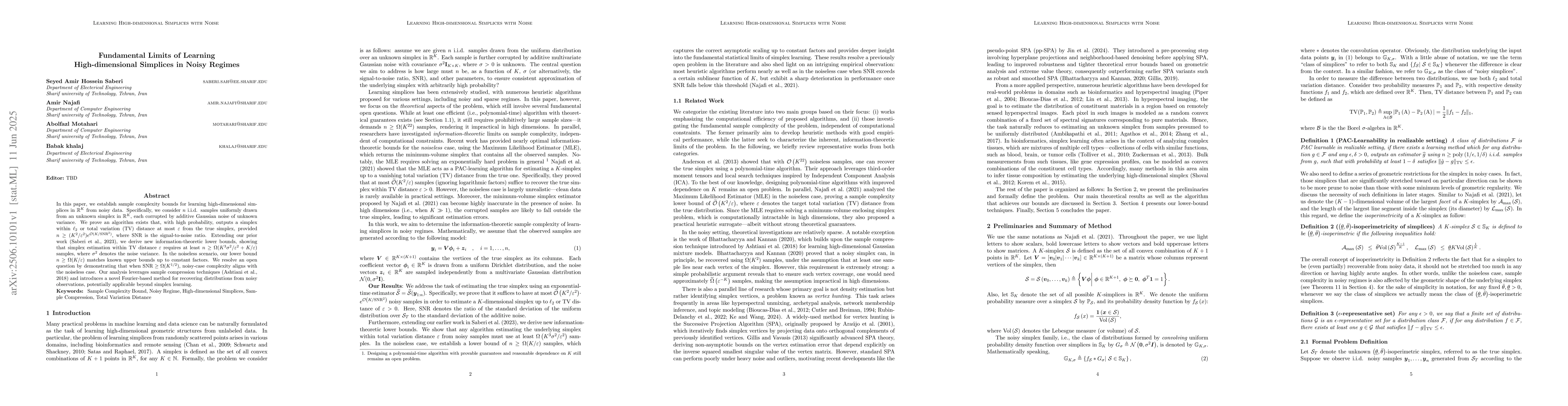 Thumbnail for Fundamental Limits of Learning High-dimensional Simplices in Noisy
  Regimes