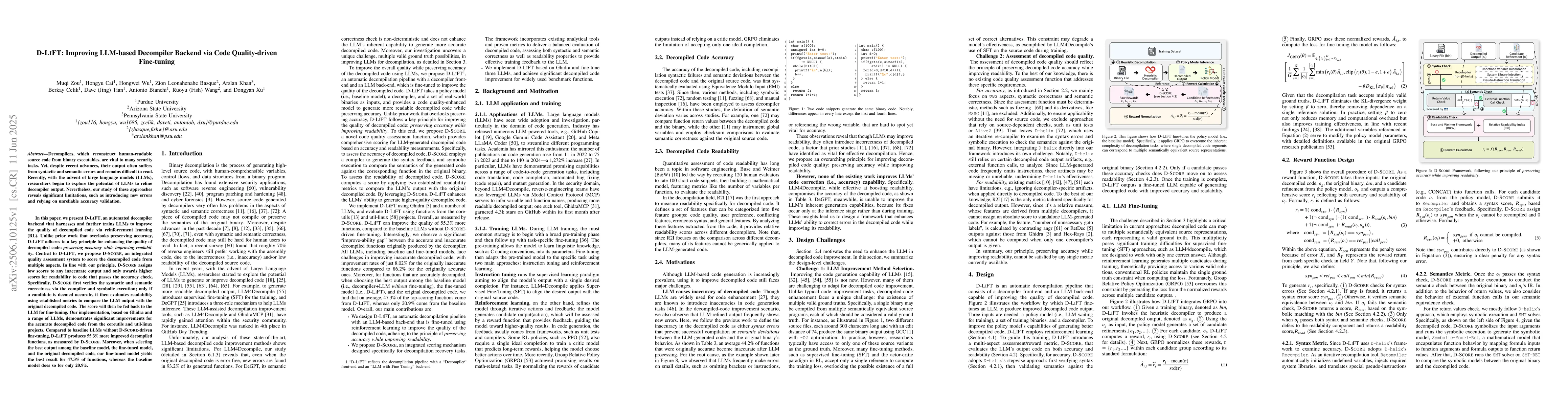 Thumbnail for D-LiFT: Improving LLM-based Decompiler Backend via Code Quality-driven
  Fine-tuning