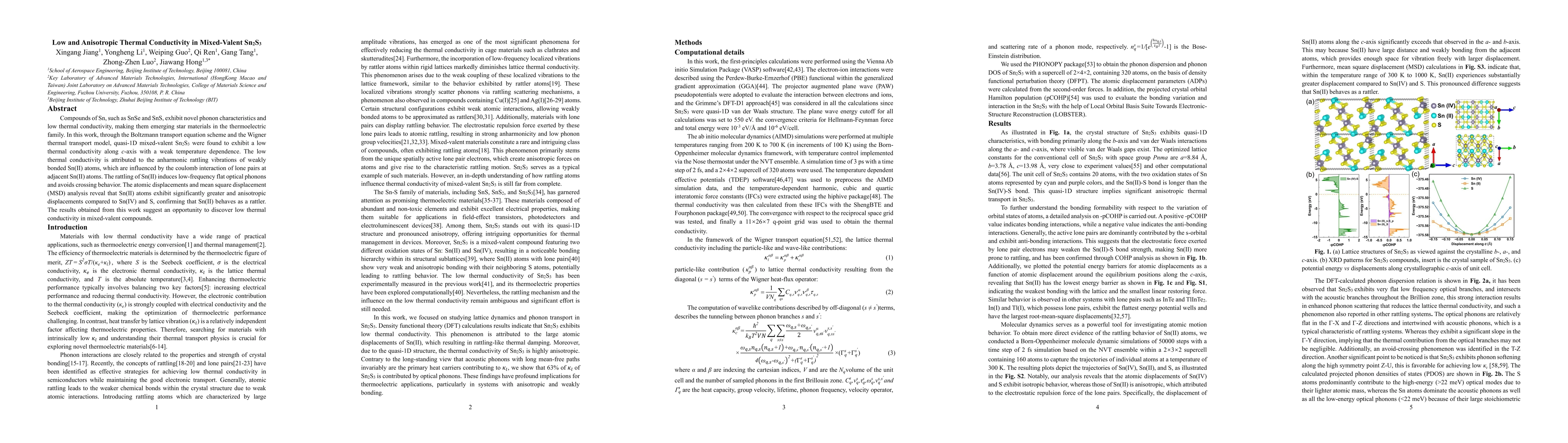 Thumbnail for Low and Anisotropic Thermal Conductivity in Mixed-Valent Sn$_2$S$_3$