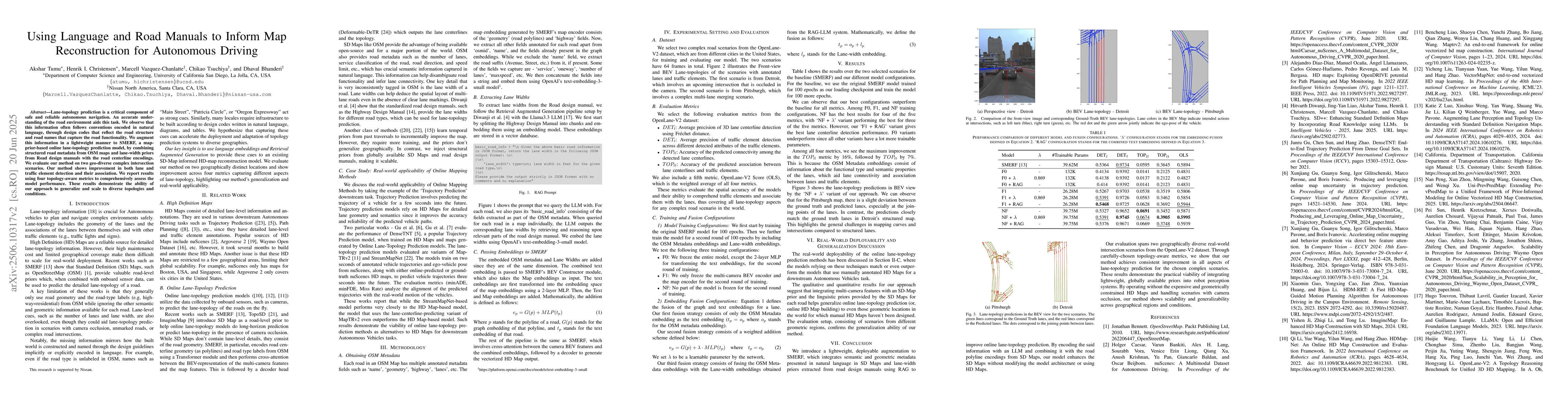 Thumbnail for Using Language and Road Manuals to Inform Map Reconstruction for
  Autonomous Driving