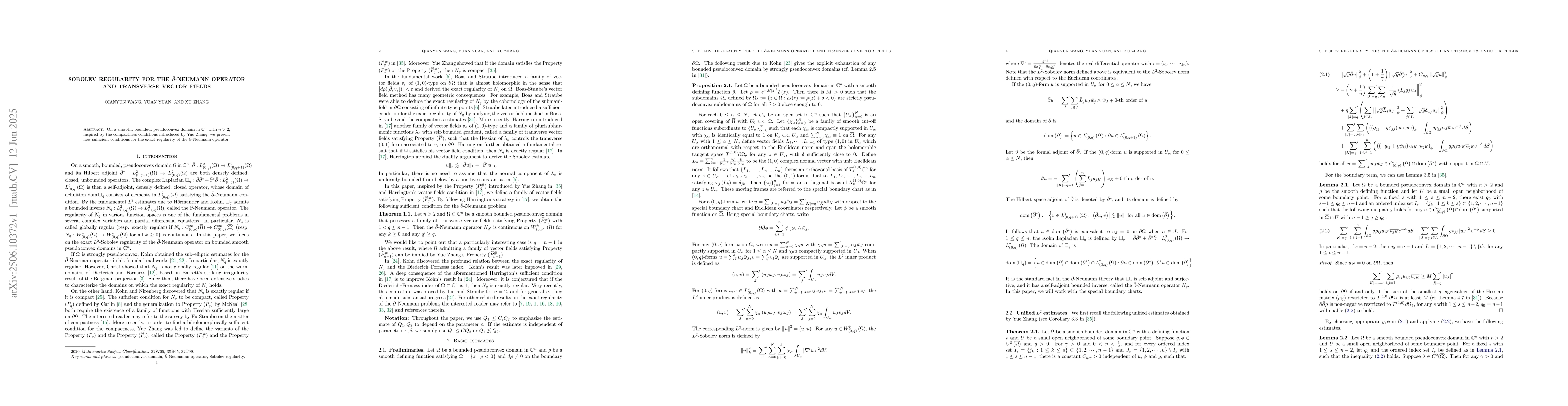 Thumbnail for Sobolev regularity for the $\bar{\partial}$--Neumann operator and
  transverse vector fields