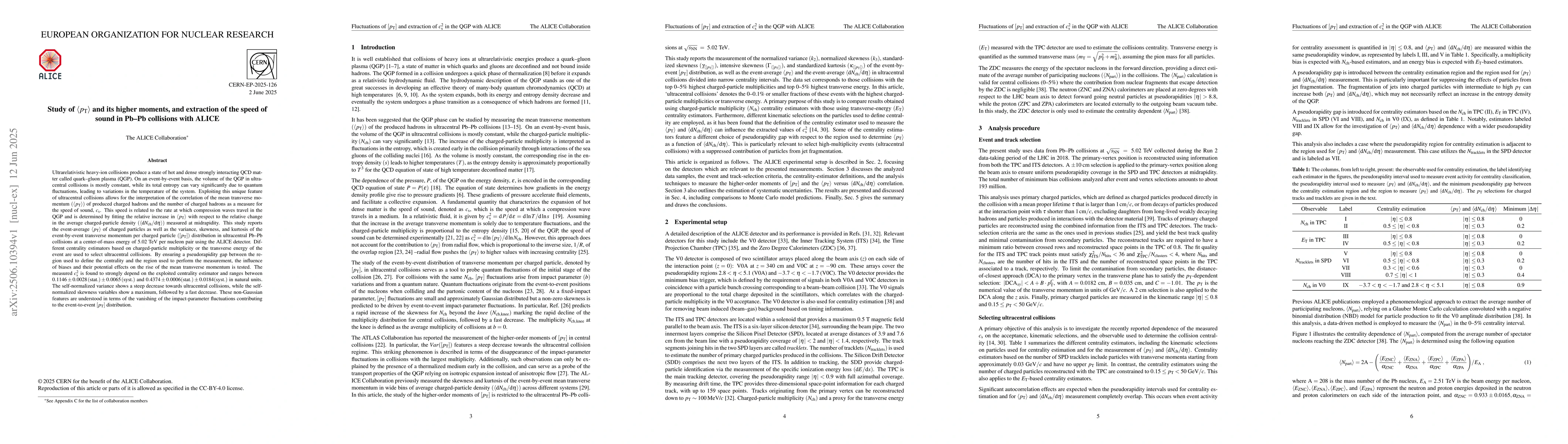 Thumbnail for Study of $\langle p_{\rm T} \rangle$ and its higher moments, and
  extraction of the speed of sound in Pb-Pb collisions with ALICE