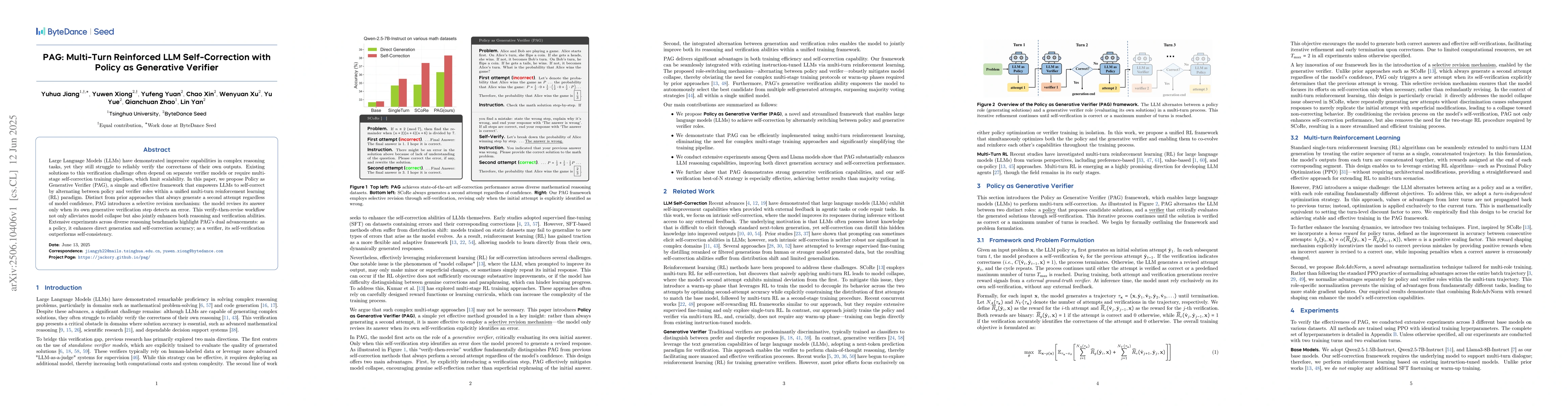 Thumbnail for PAG: Multi-Turn Reinforced LLM Self-Correction with Policy as Generative
  Verifier