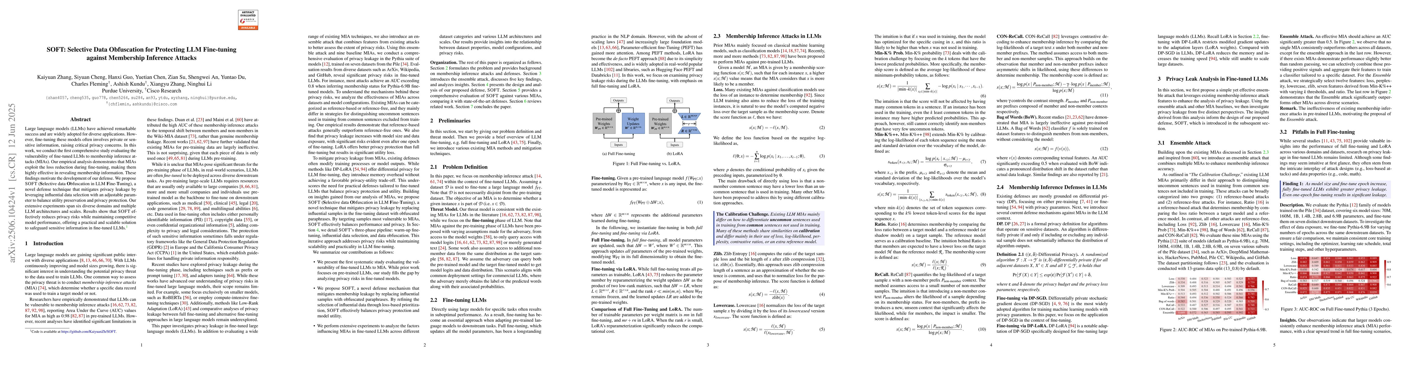 Thumbnail for SOFT: Selective Data Obfuscation for Protecting LLM Fine-tuning against
  Membership Inference Attacks