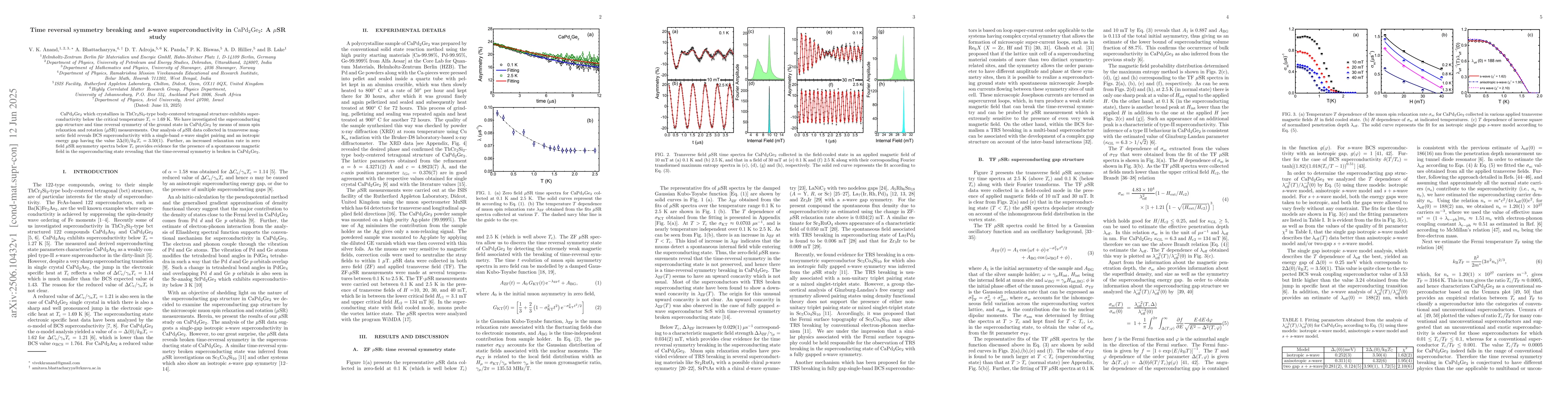 Thumbnail for Time reversal symmetry breaking and s-wave superconductivity in
  CaPd2Ge2: A $μ$SR study