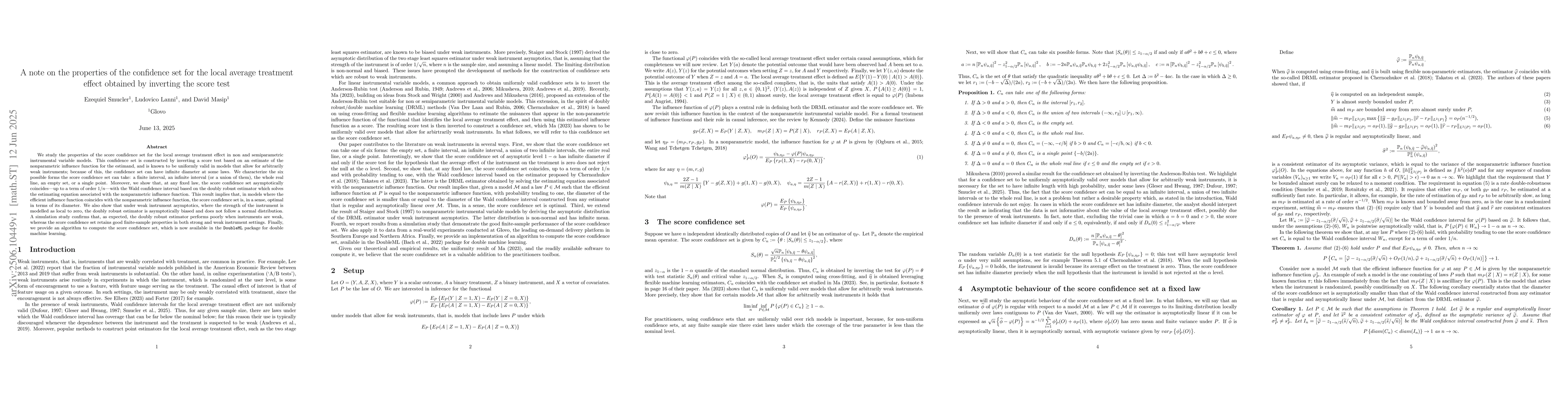 Thumbnail for A note on the properties of the confidence set for the local average
  treatment effect obtained by inverting the score test
