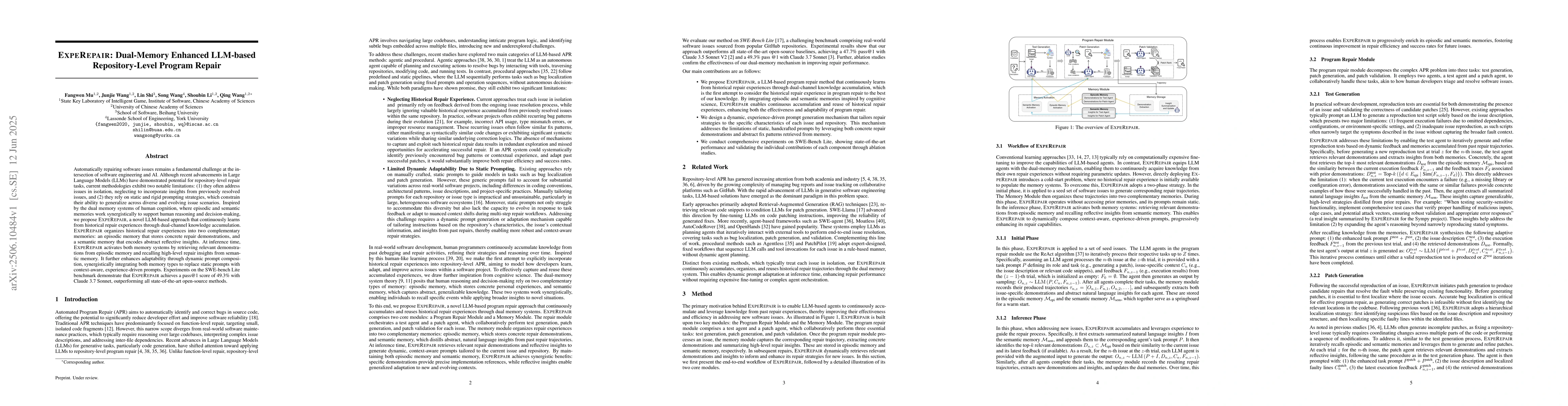 Thumbnail for EXPEREPAIR: Dual-Memory Enhanced LLM-based Repository-Level Program
  Repair