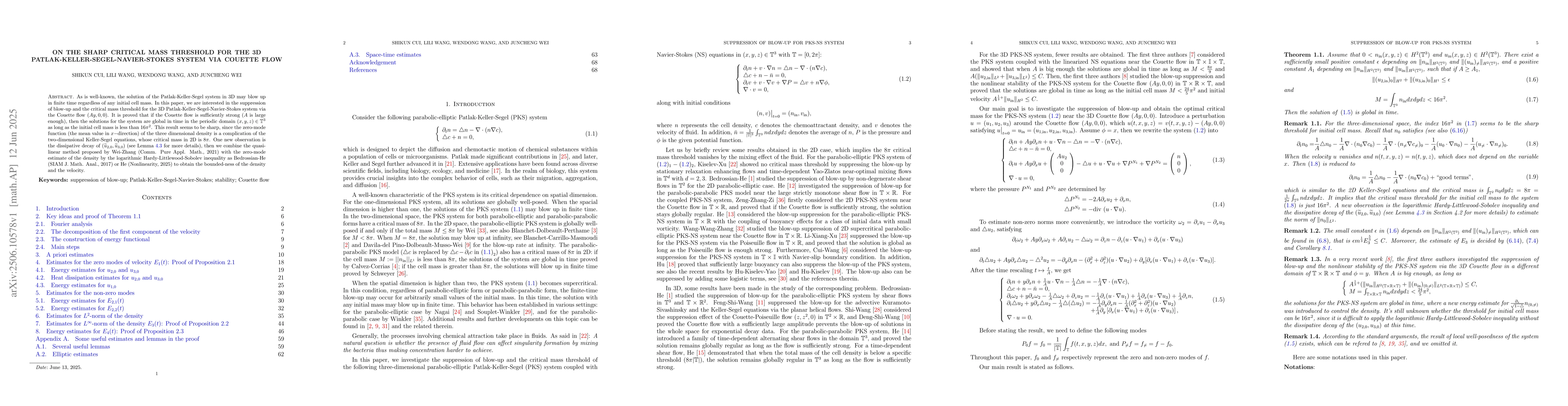 Thumbnail for On the sharp critical mass threshold for the 3D
  Patlak-Keller-Segel-Navier-Stokes system via Couette flow