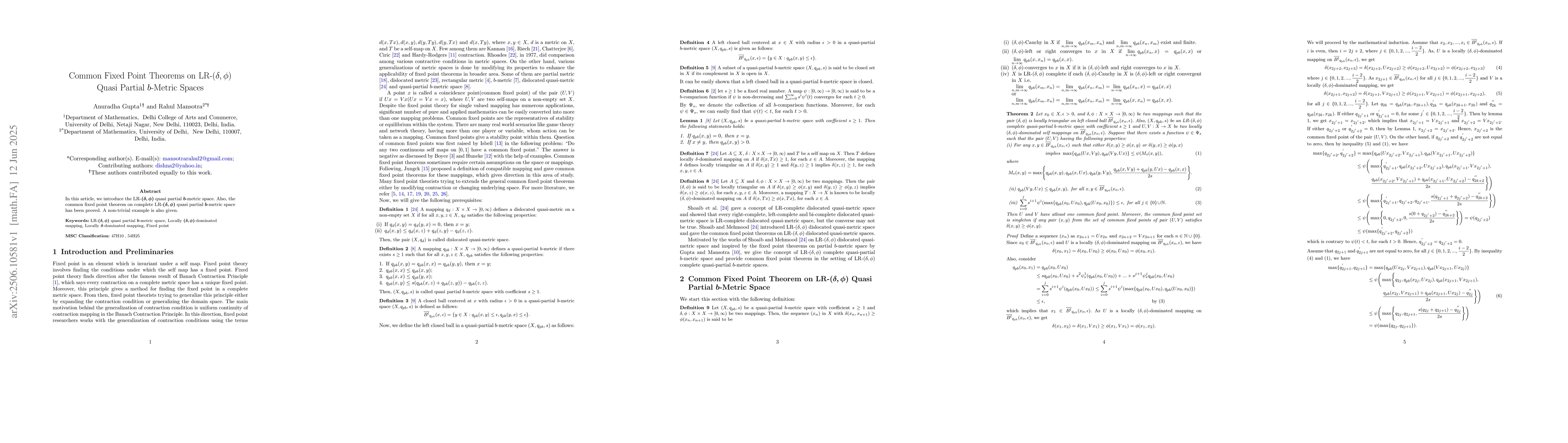 Thumbnail for Common Fixed Point Theorems on LR-$(δ,φ)$ Quasi Partial
  $b$-Metric Spaces